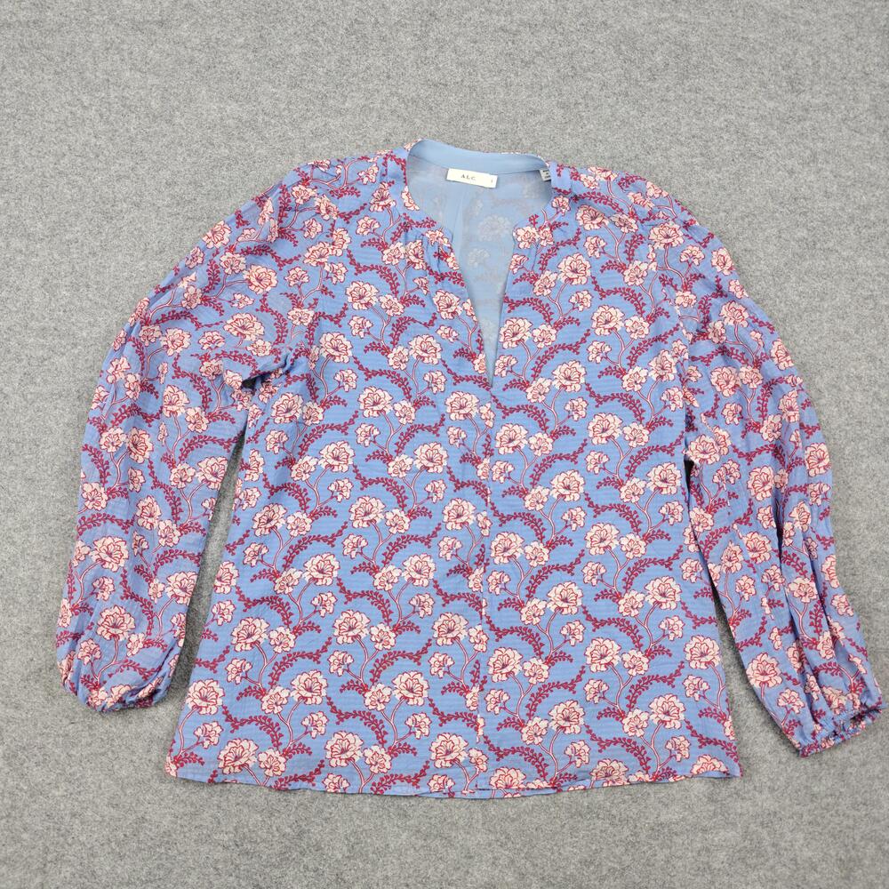 A.L.C. Blouse Womens 2 Blue Floral Print V Neck Long Sleeve Lined Boho Top